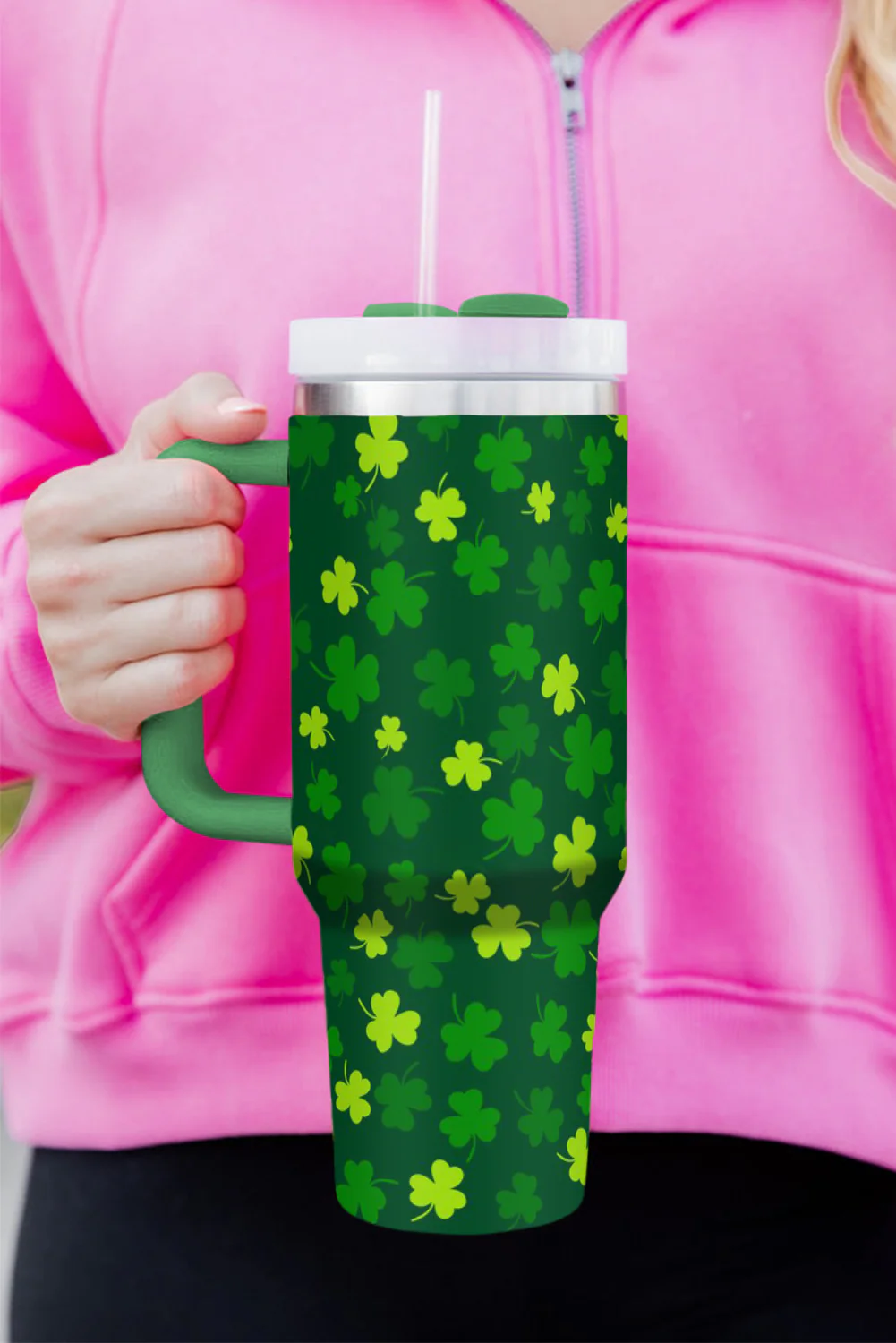 Dark Green St. Patricks Shamrock Print Handle Vacuum Cup 1200ml