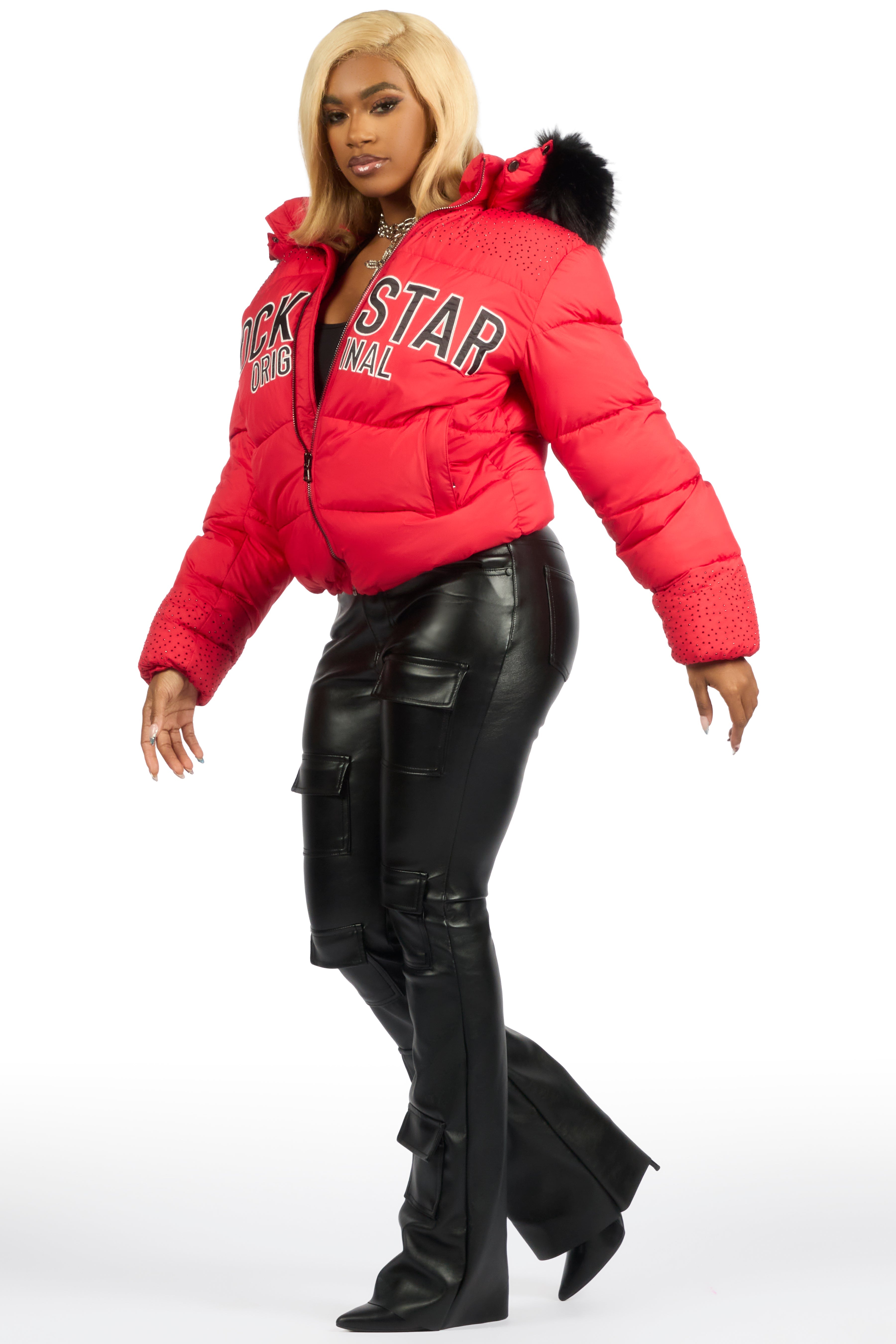 Natia Red Oversized Rhinestone Puffer Jacket