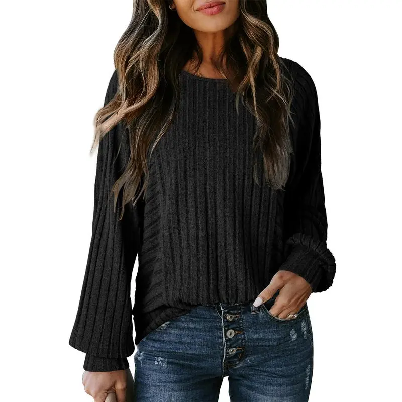 Womens Soft Long Sleeve Crewneck Shirts Fall Casual Loose Fit Knit Tops Blouses