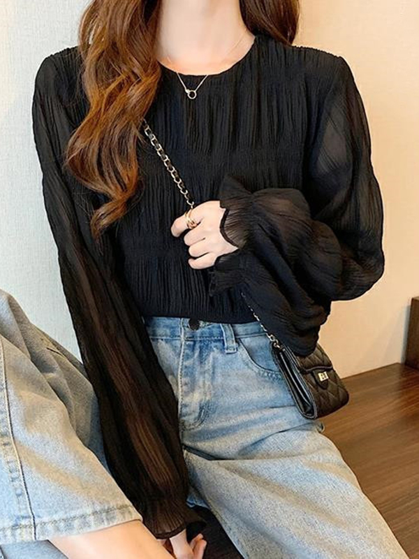 Pleated Solid Color Flared Sleeves Loose Round-Neck T-Shirts