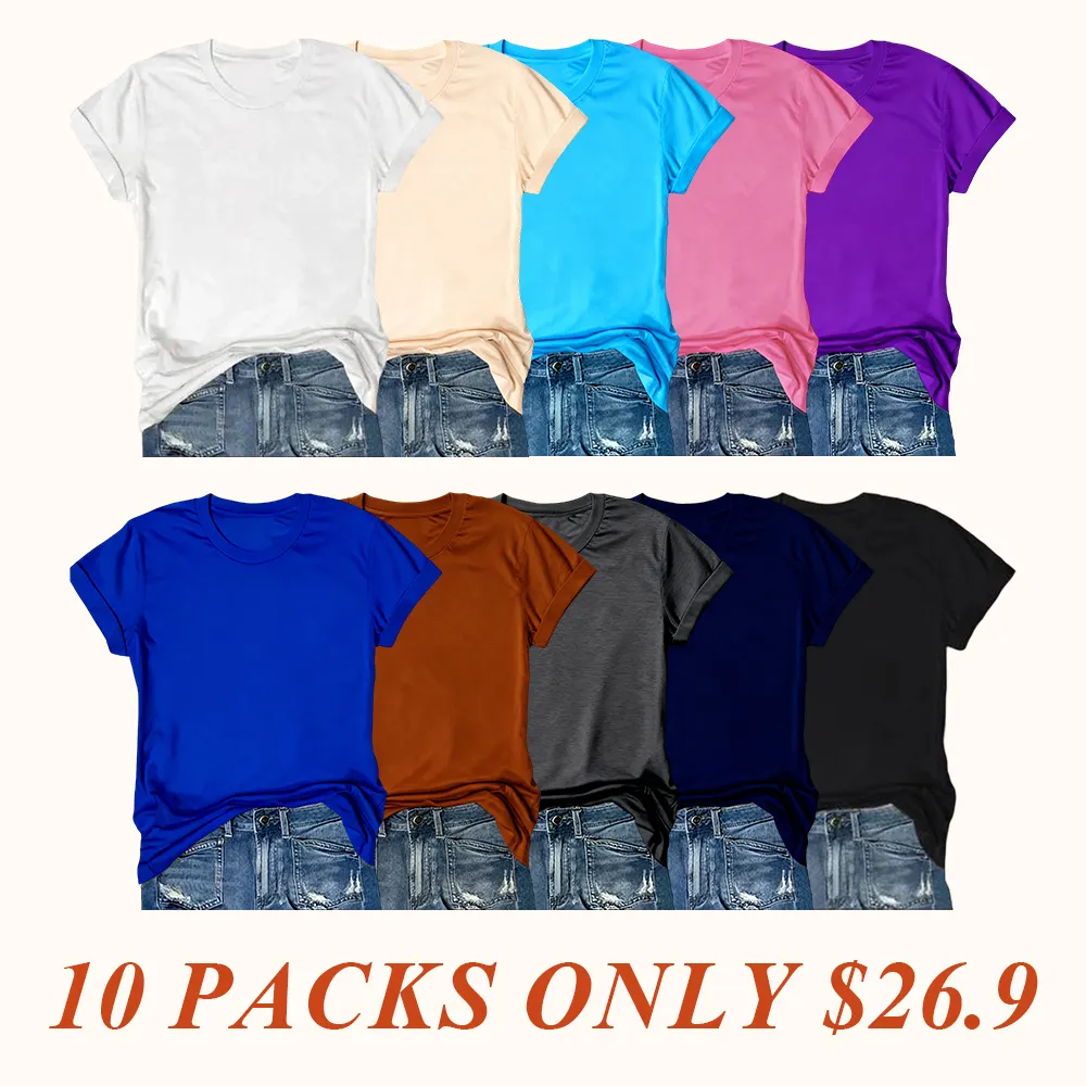 Women's Short Sleeve T-Shirts Multipack, Solid Color Round Neck Casual Tee Tops