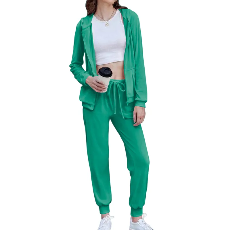 Women's Casual Velour Tracksuit Set Full Zipper Hoodie