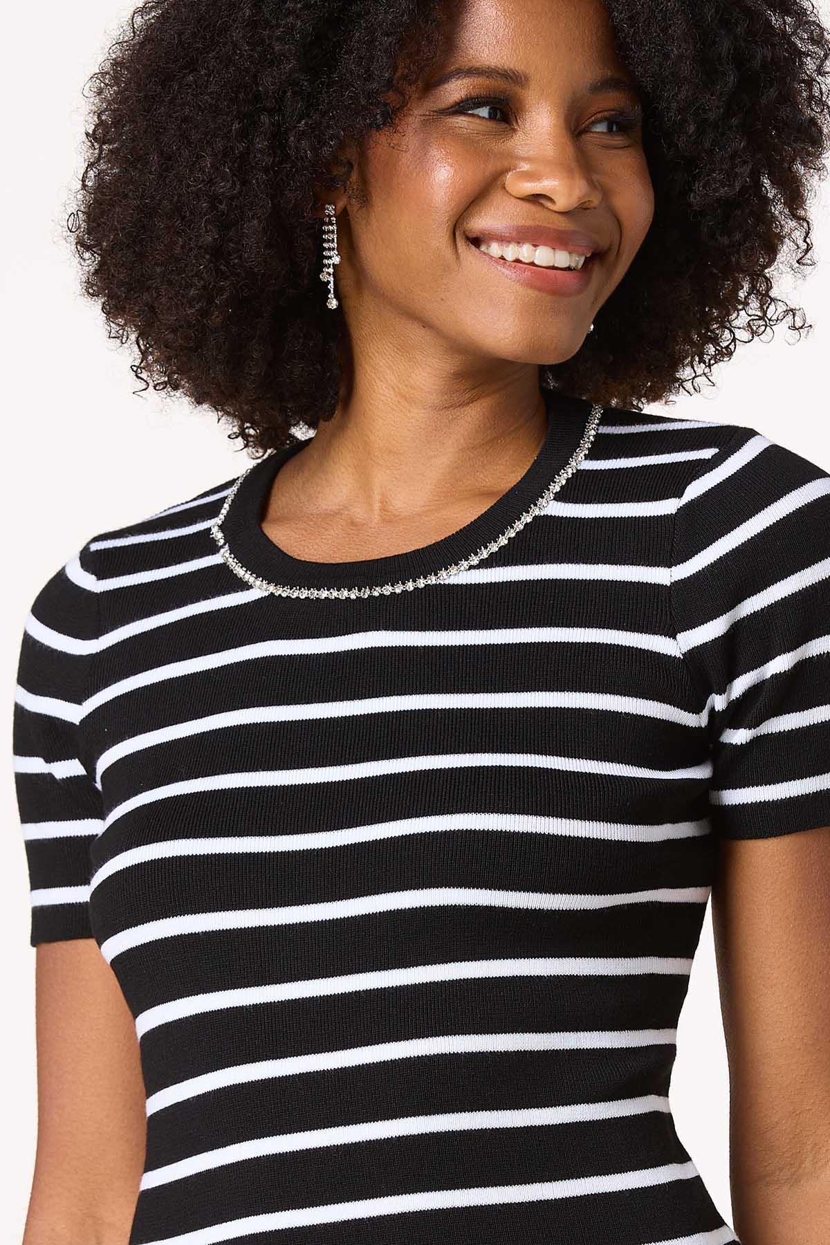 Black White Rhinestone Trim Sweater