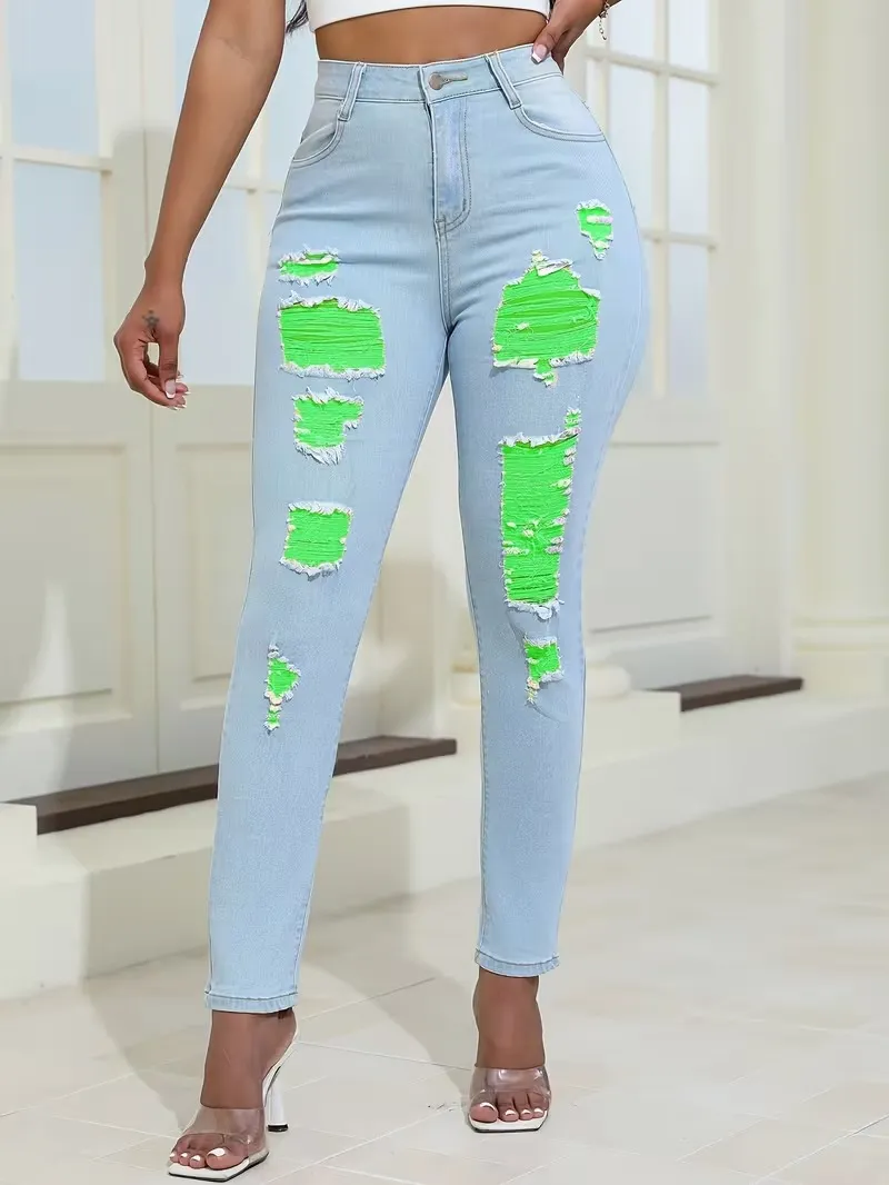 Women's Fashion Yellow Ripped Distressed Skinny Jean Slim Fit Denim Pants