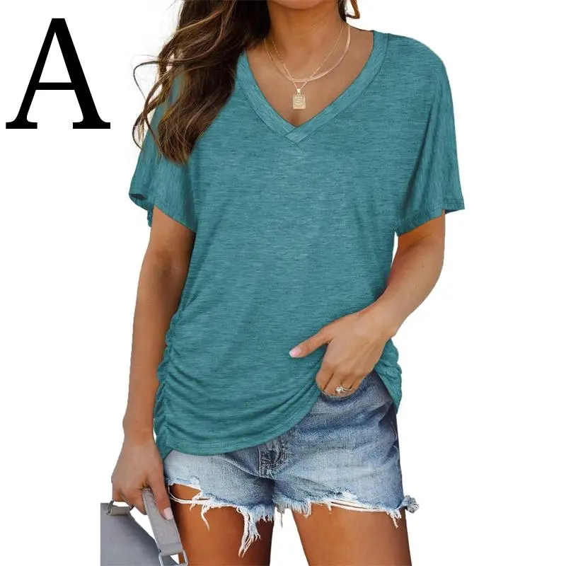Womens Short Sleeve V Neck Dolman Tops with Side Shirring Loose Fit Shirts