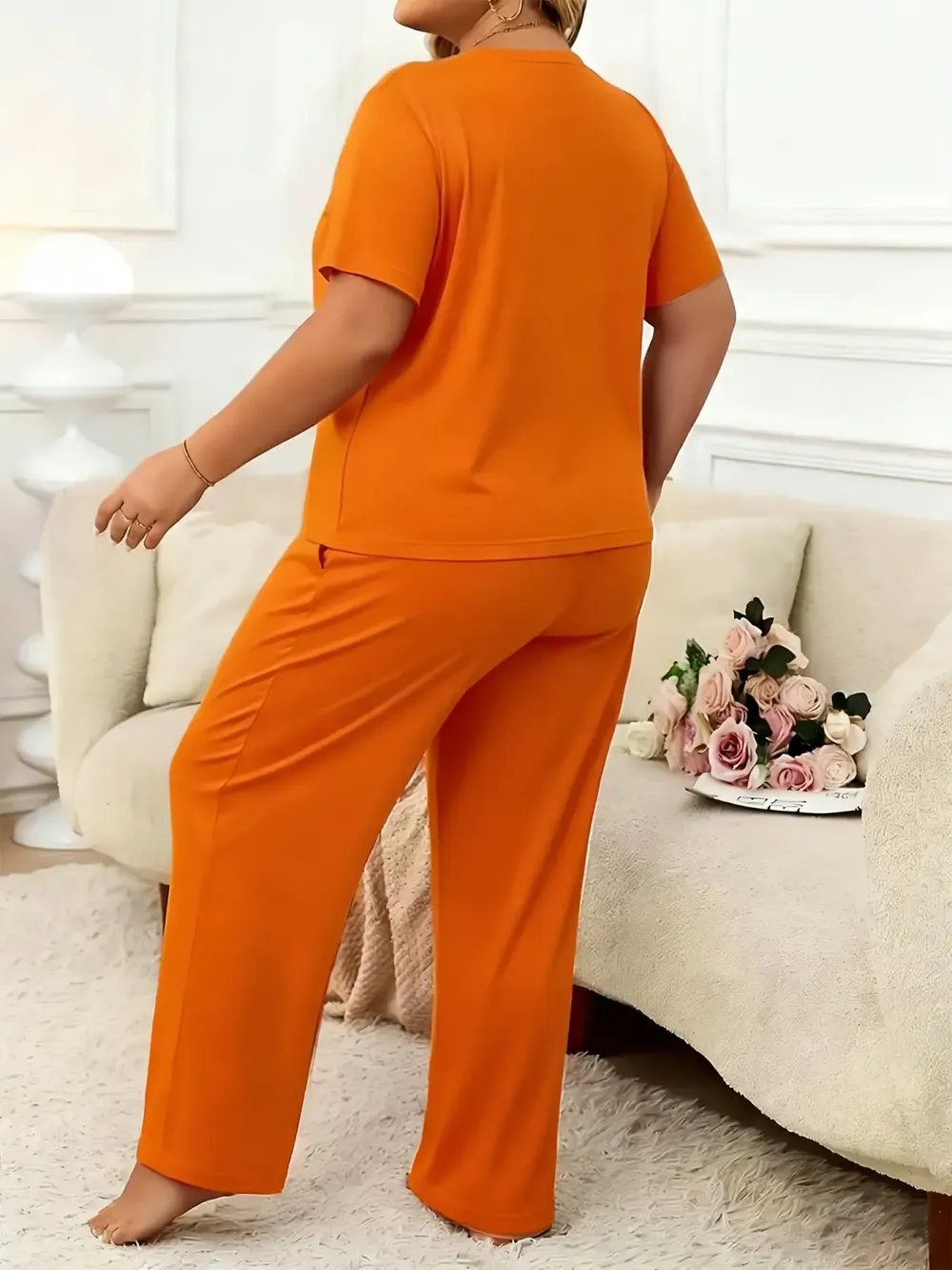 Women's Plus Size Spring Summer Fashion Print Round Neck Short Sleeve T-Shirt & Wide Leg Pants Two-Piece Set