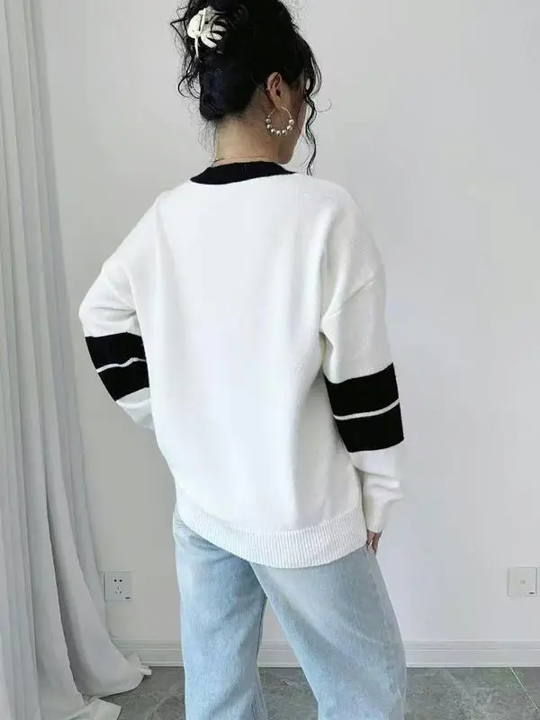 Autumn Winter Color Block V Neck Sweater for Women