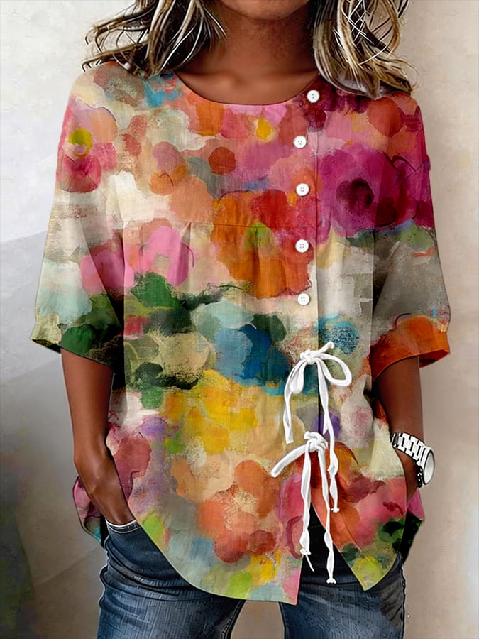 Women's Retro Floral Button Lace Up Tie Shirt- Fast Shipping
