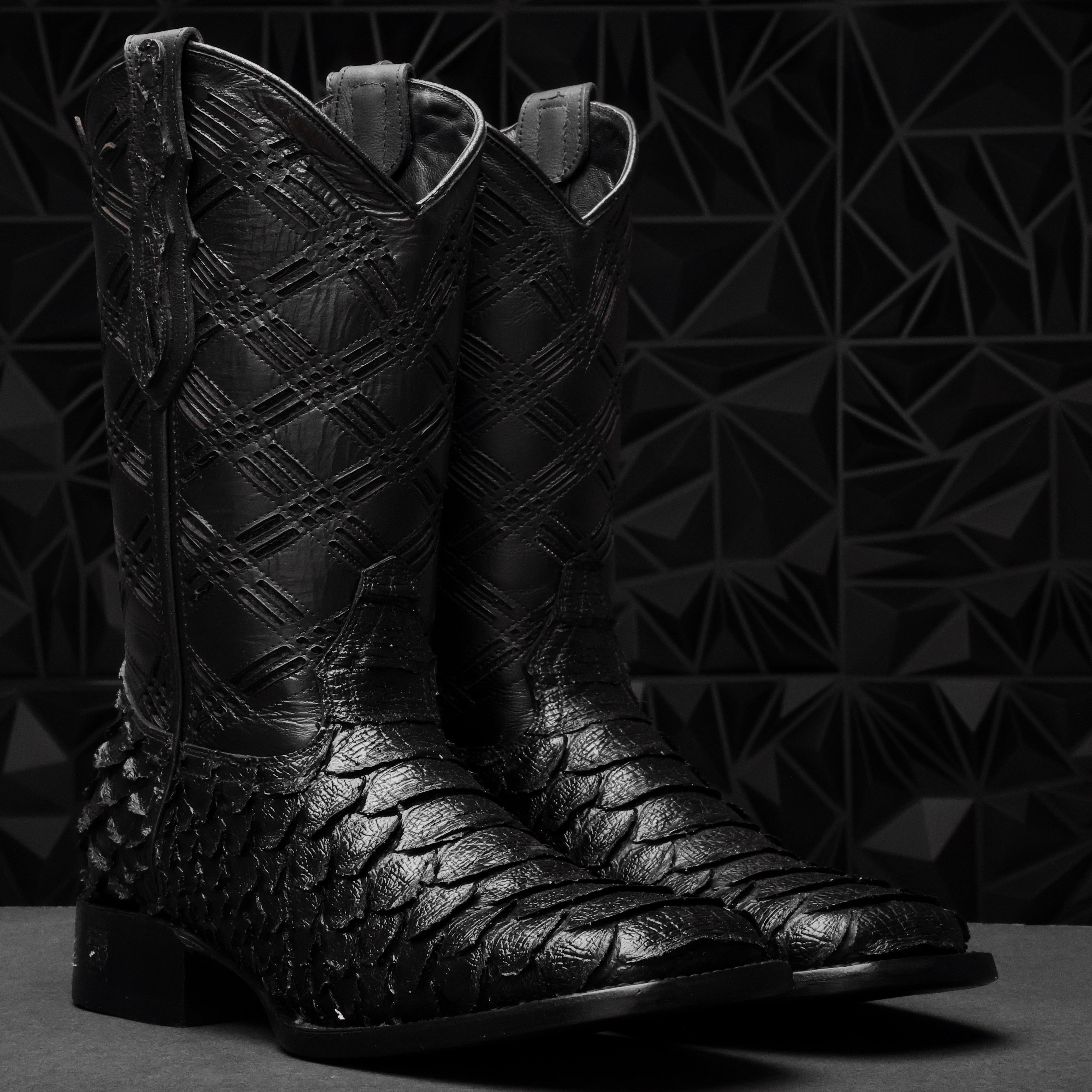 TOTAL BLACK Python Leather Boots - Square Toe