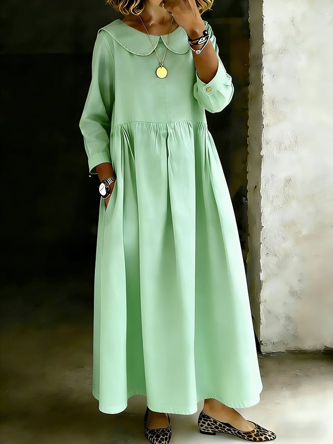 Women's Retro Solid Color Design Lapel Pocket Casual Dress- Fast Shipping