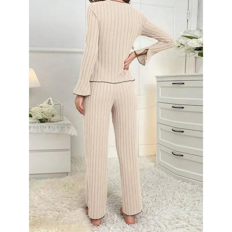 Women's Solid Lettuce Trim Top & Pants Loungewear Two-Piece Set