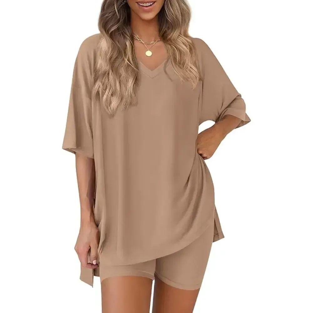 Crewneck Two-Piece Set For Women Summer Casual Oversized Split Hem Shirts