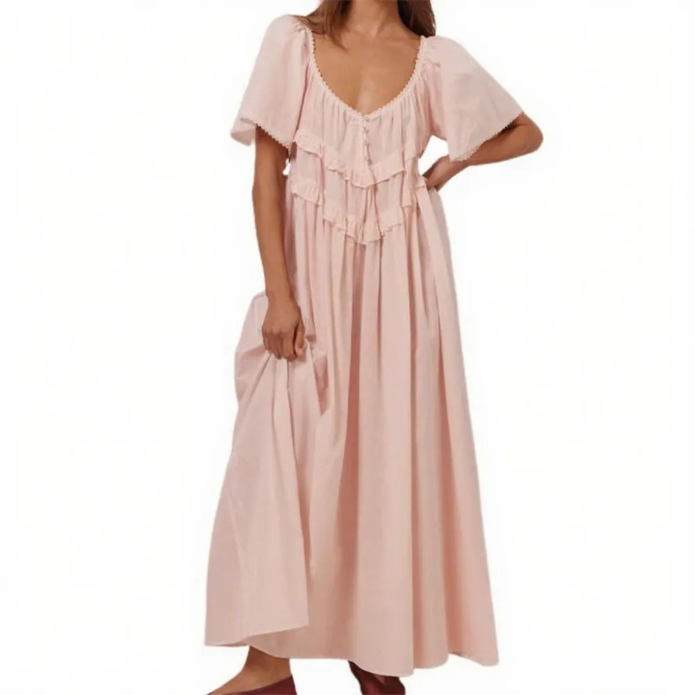 Women Long Dress Elegant Short Sleeve Low-Cut Backless(Just $3 Each!)