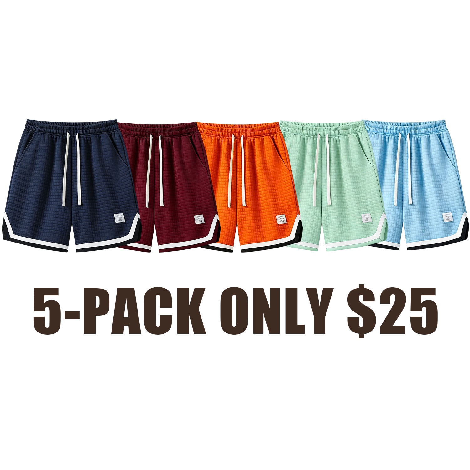 Men’s drawstring pocket shorts, 5-pack — casual woven beach shorts with a belt for summer