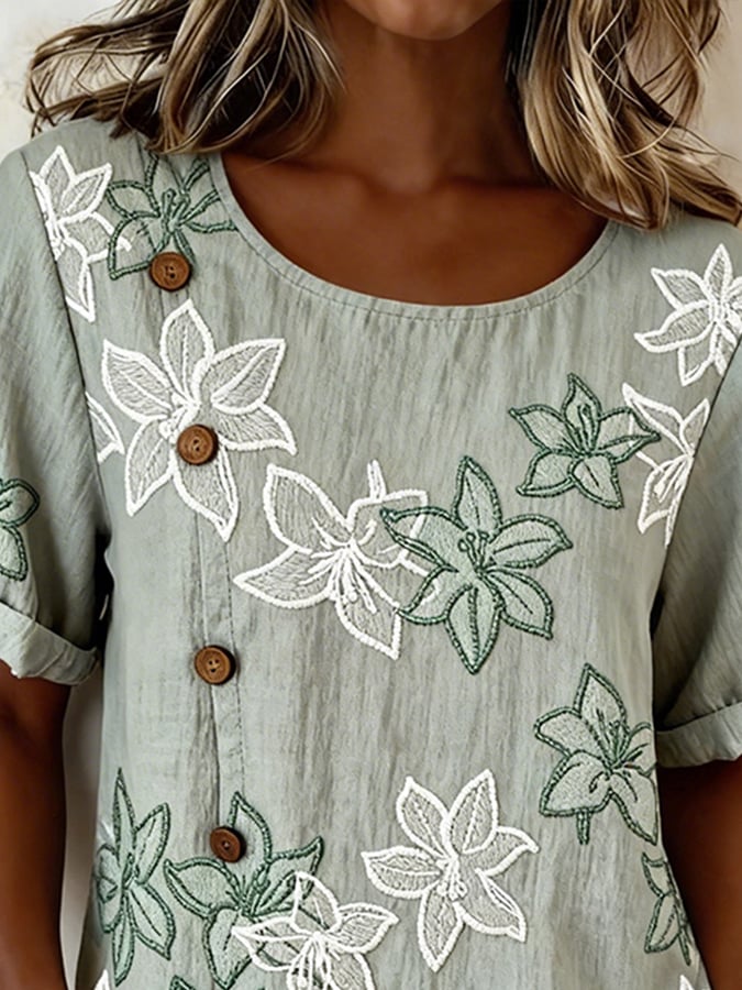 Women's Casual Round Neck Printed Cotton Linen Top- Fast Shipping