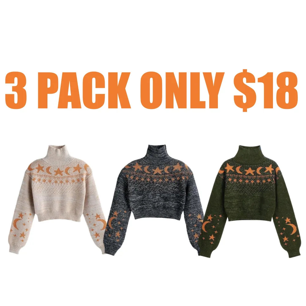 Women's Moon & Star Pattern High Neck Sweater