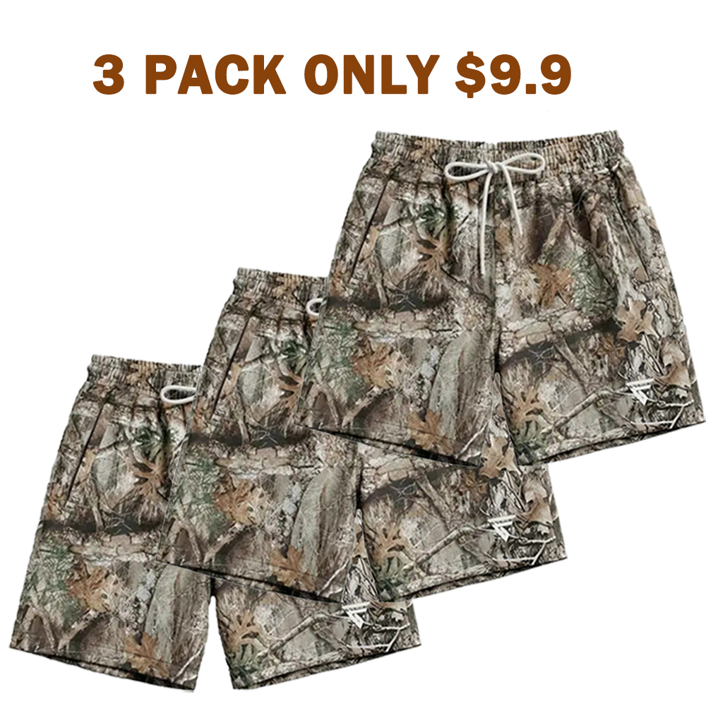 Men’s Hunting Camo Double-Layer Shorts – Breathable Gym/Running Shorts with Zip Side Pockets & Back Pocket