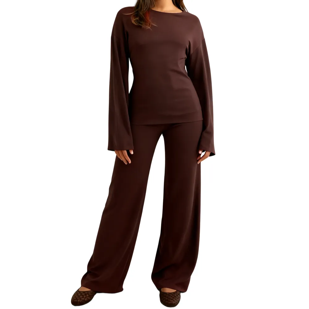 Women's Fall Round Neck Flare Top & Elastic-Waist Pants Set