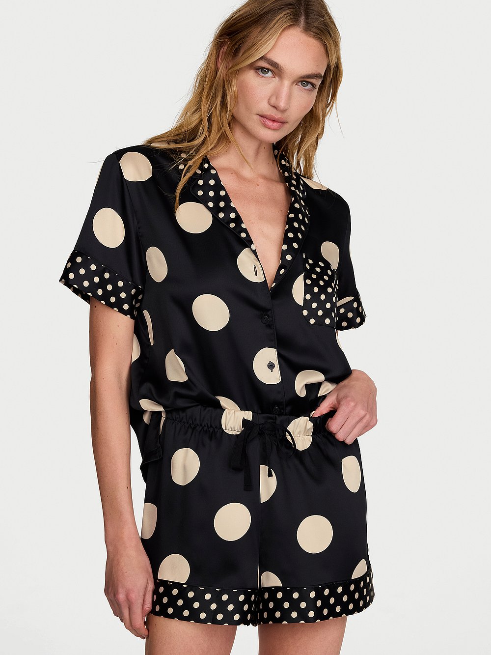 Signature Satin Short Pajama Set Black/Tan Dots