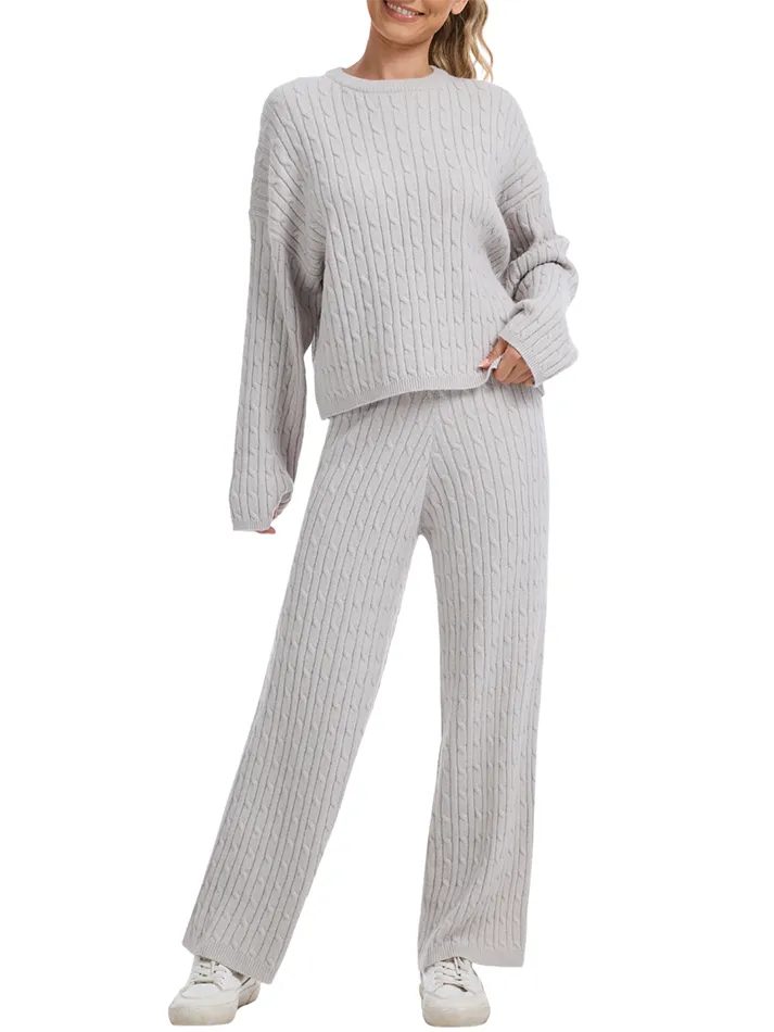 Women's Cable KnitBLACK FRIDAYSweater Lounge Set-Long Sleeve Pullover Top &High-Waisted Wide Leg Pants, Cozy 2-PieceOutfit for Fall & Winter