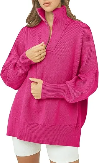 Women's Long Sleeve 14 Zip Oversized Ribbed Knit Tunic Sweater