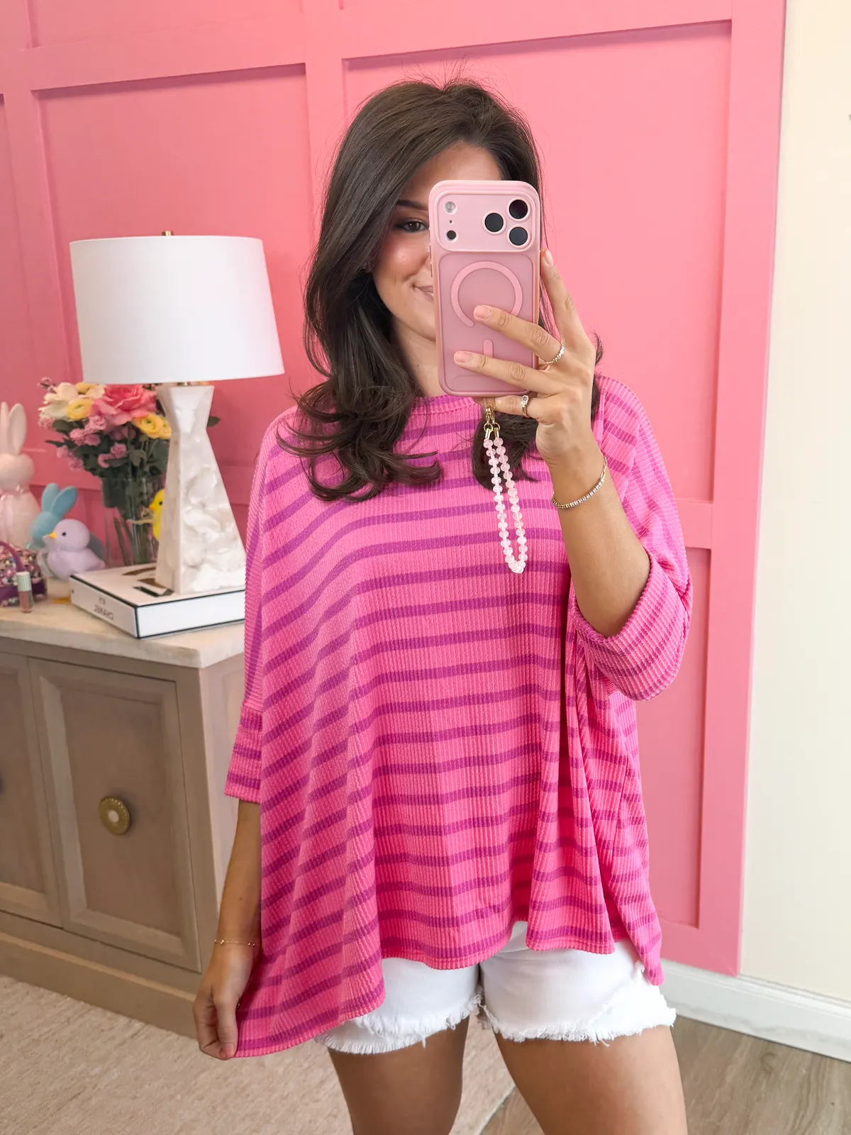 Spring Striped Raised Rib Easy Fit 3/4 Sleeve Top