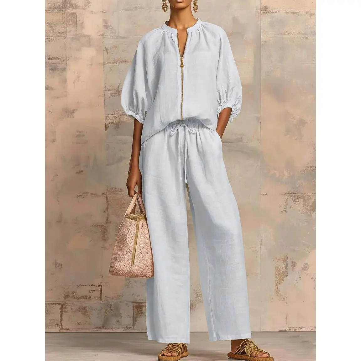 Women's Matching Lounge Set Quarter Zip Pullover Top Loose Wide Leg Pants 2 Piece Sweatsuit Casual Outfit