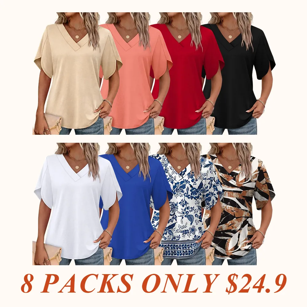 Womens Summer Tops Short Petal Sleeve Shirts Fashion V Neck Outfits Clothes