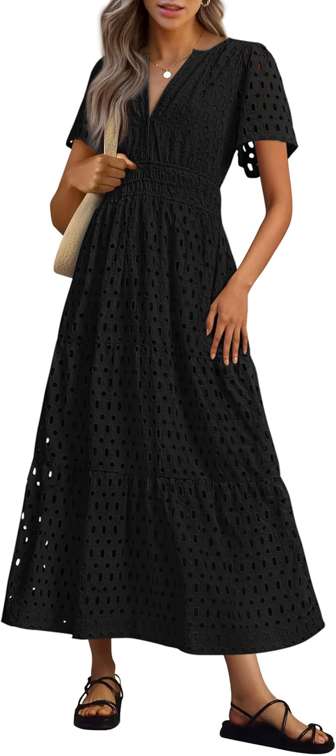 NEW 🔥Womens 2025 Summer Maxi Dress Short Sleeve V Neck Hollow Out Eyelet A Line Dresses