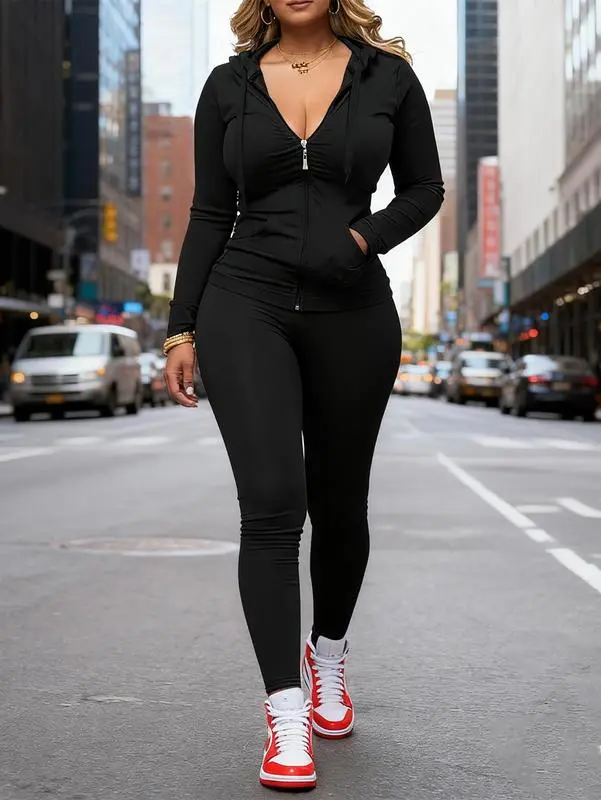 Women Casual Zip Up Hoodie & Fitness Yoga Jogger Set