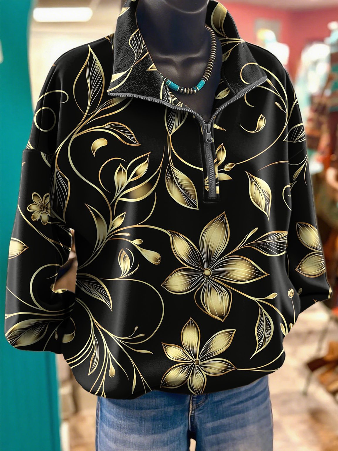 Women's lapel retro casual western print sweatshirt