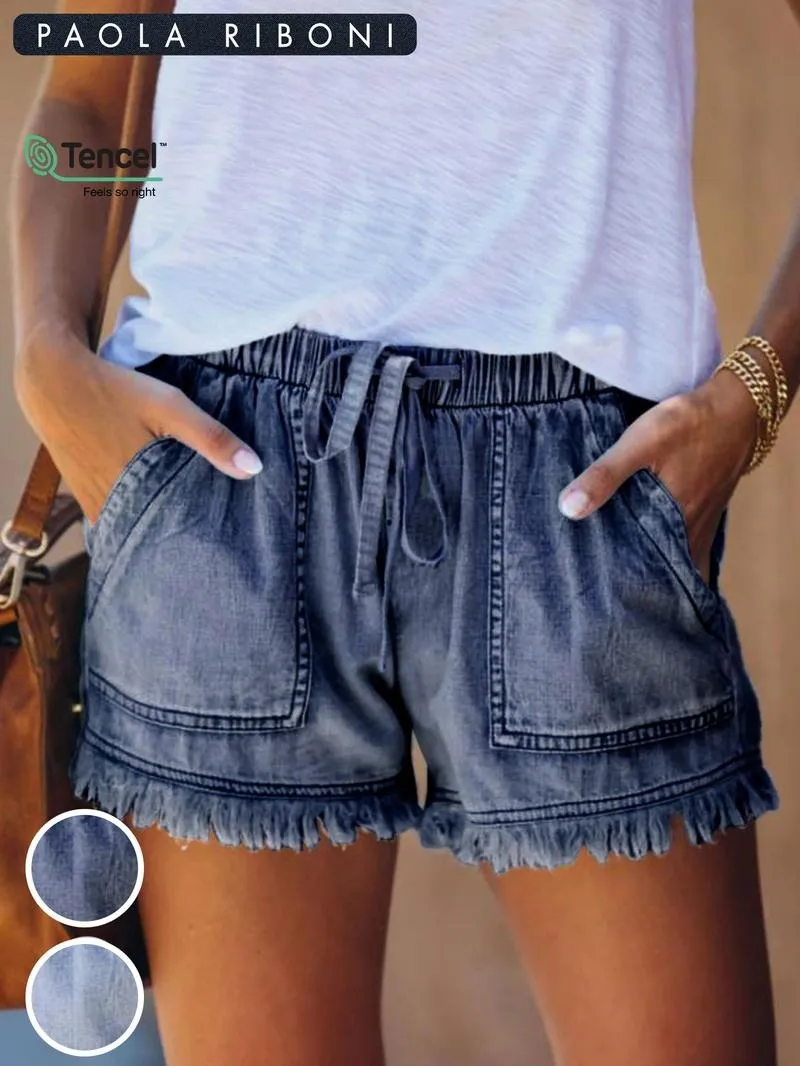 Women's Plain Drawstring Waist Denim Shorts, Casual Fashion Pocket Shorts for Daily Wear