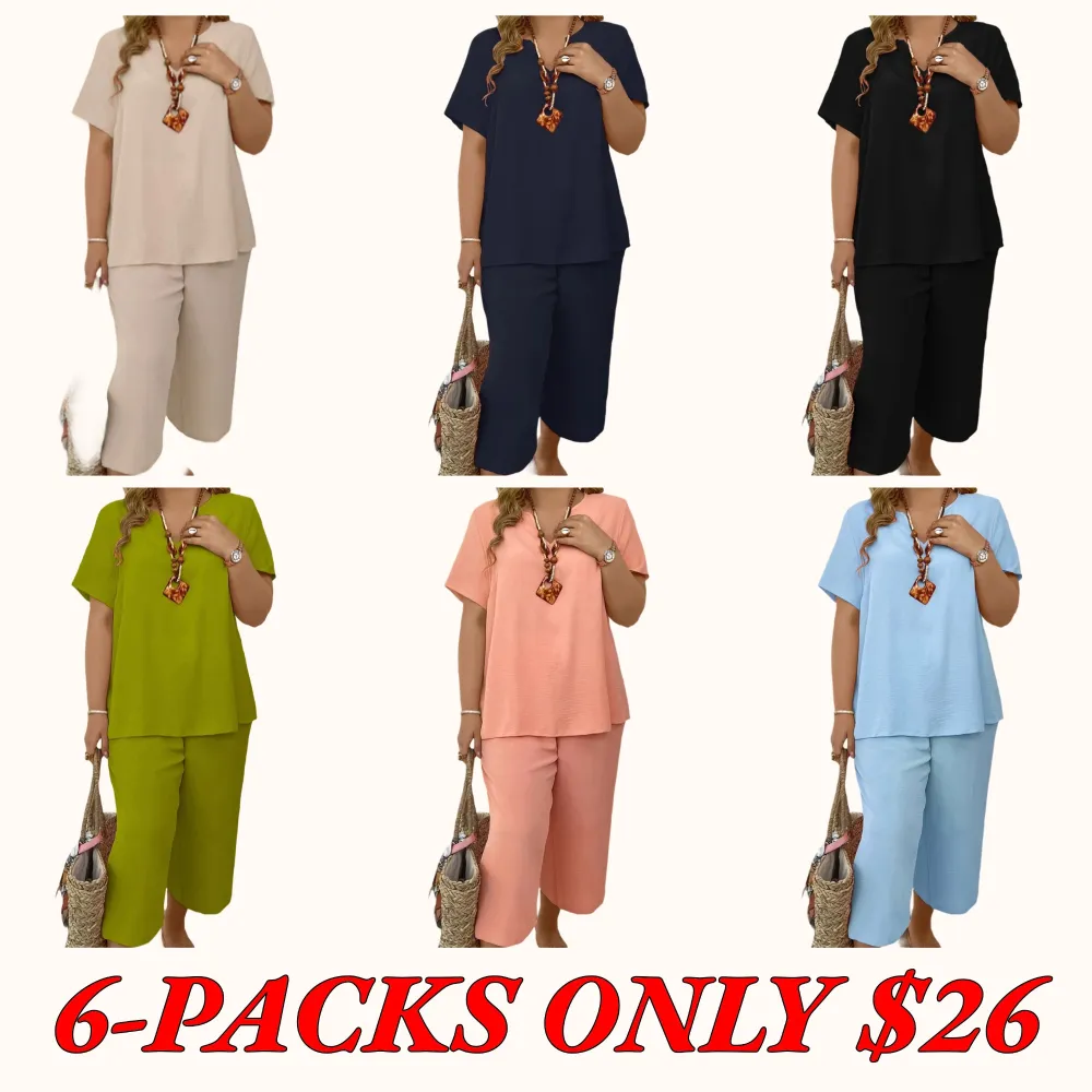 Elegant Plus-Size Women's Set: Solid-Color Short-Sleeve Fashion Top & Casual Wide-Leg Pants