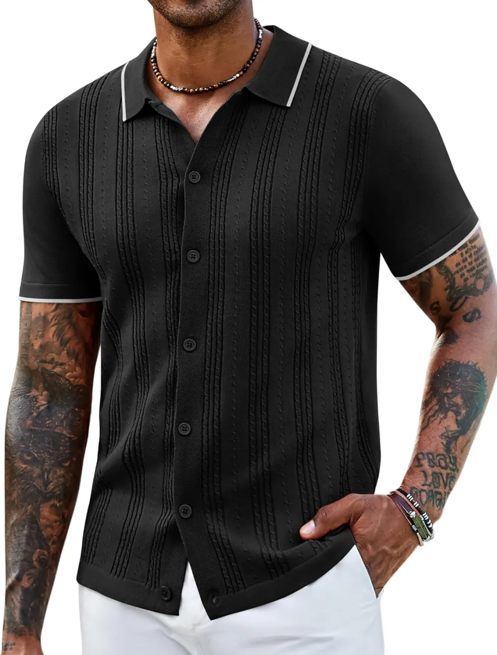Men's Knit Shirts Short Sleeve Casual Button Down Polo Shirt Summer Beach Vacation Shirts Outfit Top