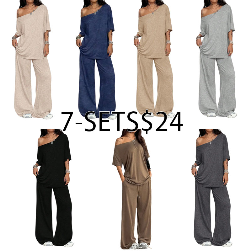 Women's Casual Solid Color Two-Piece Set – Slant Neck Wide Leg Pant Suit