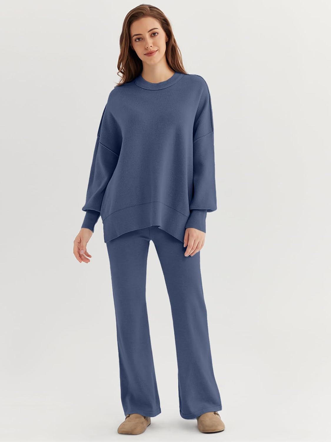 🎄Christmas Clearance 🔥Women 2 Piece Outfits Sweatsuit Sweater Sets Oversized Knit Pullover Tops Wide Leg Pants Lounge Set