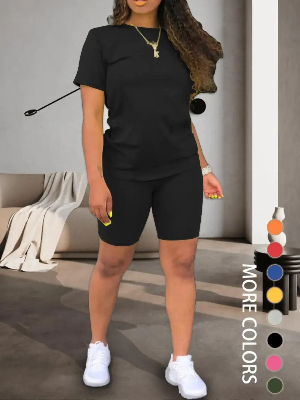 Two-piece Set Women's Fitted Plain Round Neck Tee & Skinny Shorts Set, Summer Clothes Women