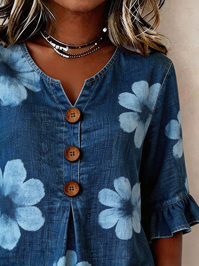 Women's denim casual printed short-sleeved top