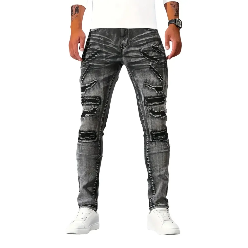 Skinny Fit Denim Jeans Distressed Ripped Patchwork Design Edgy Essential for Urban Street Style Outfits