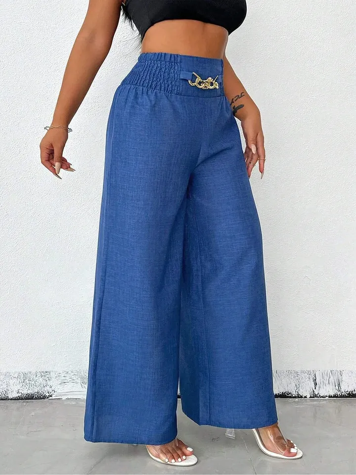 Women's Solid Color High-Waisted Pants, Stretchable Loose-Fitting Wide-Leg Trousers