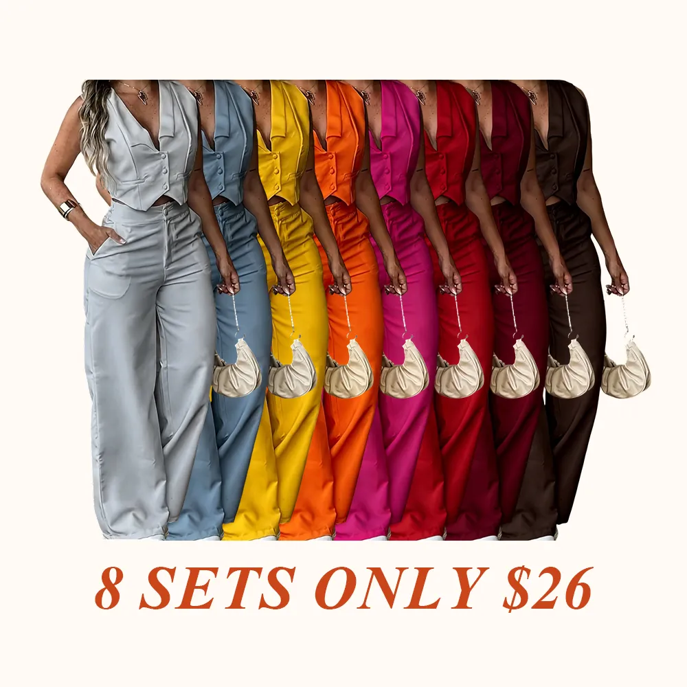 New Women's Pants Set, Sleeveless Waist Cinching Vest Set, Wide Leg Pants