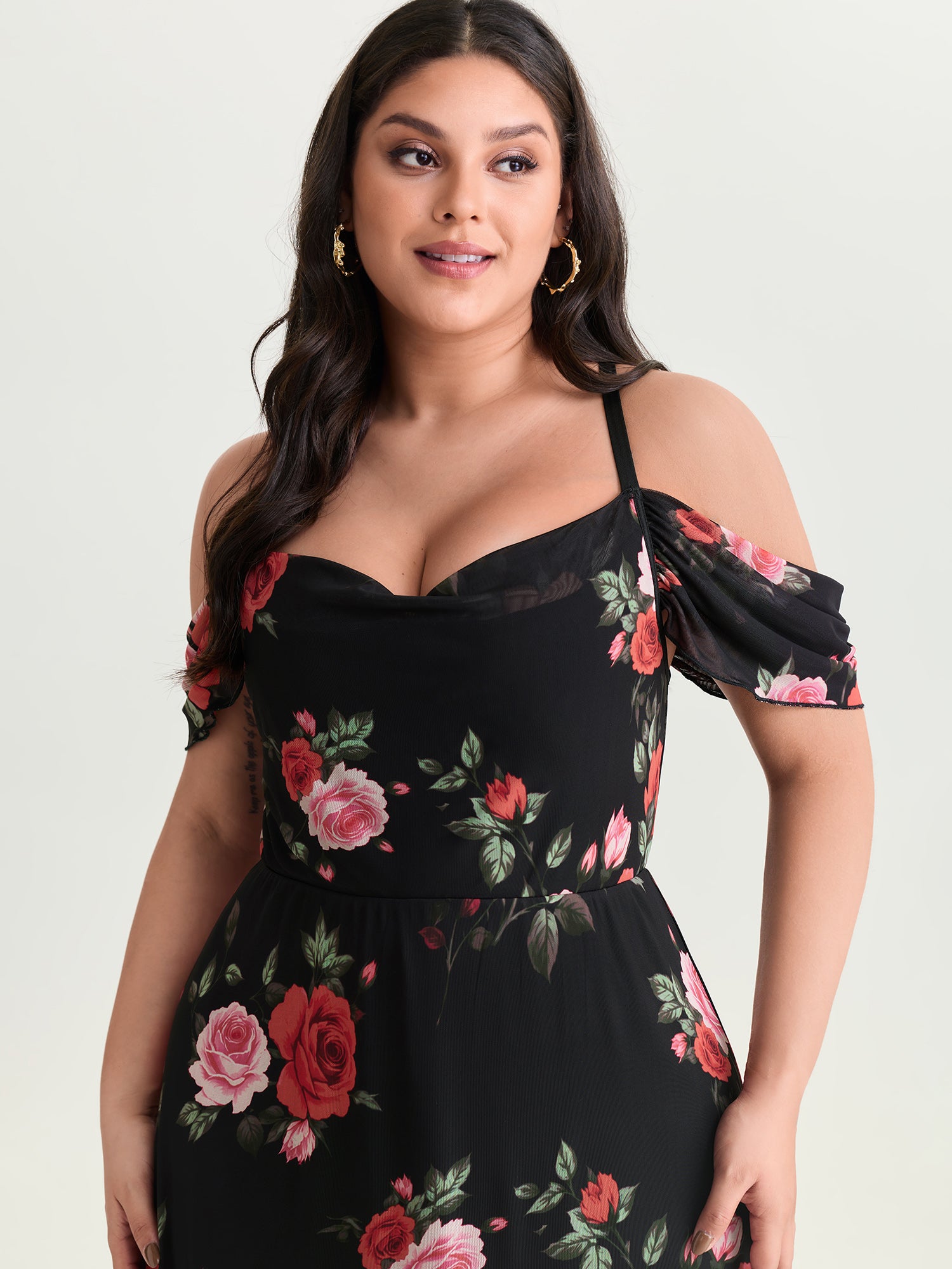 Blooming Rose Cold-Shoulder Maxi Dress