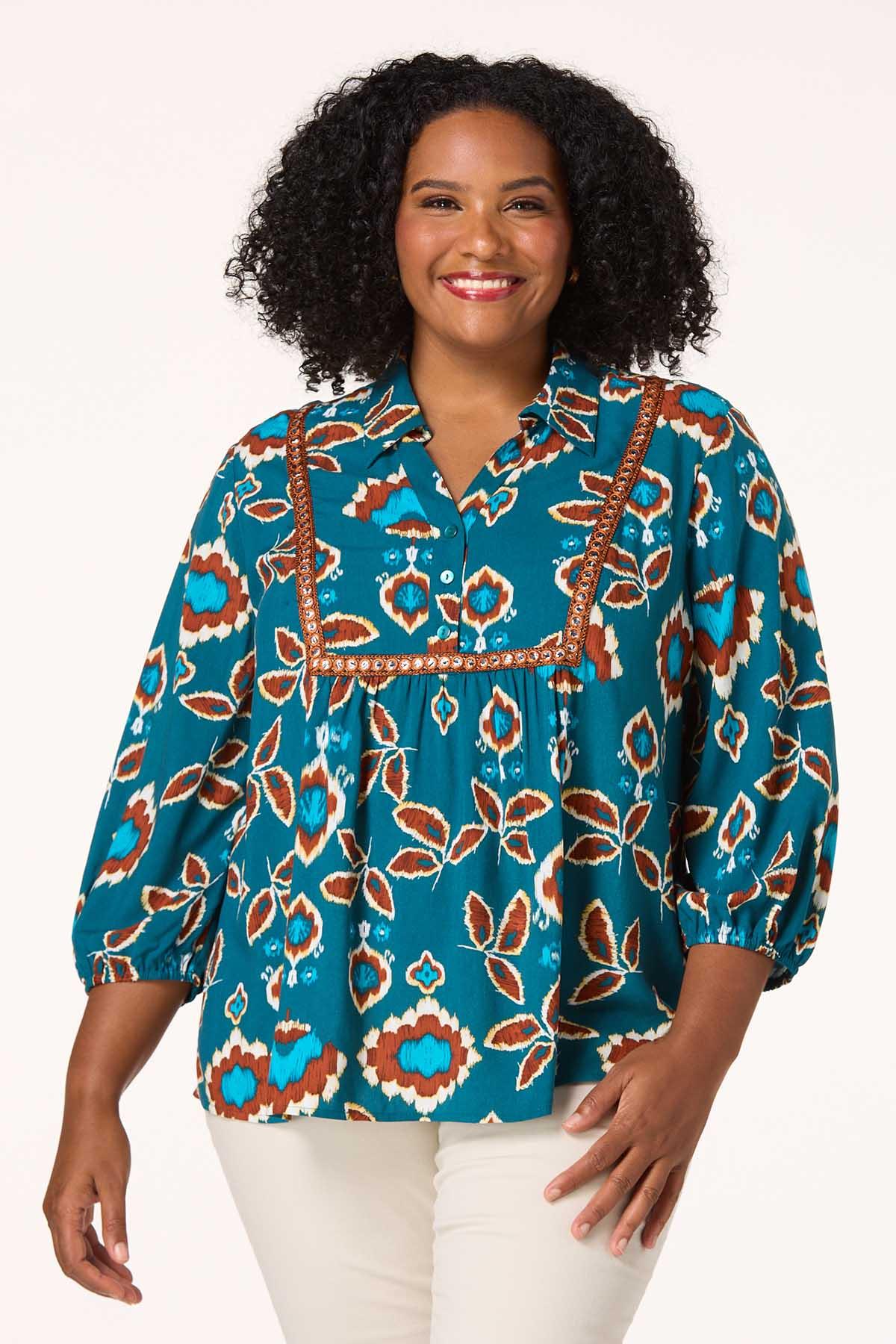 Plus Size Embroidered Bib Floral Poet Top