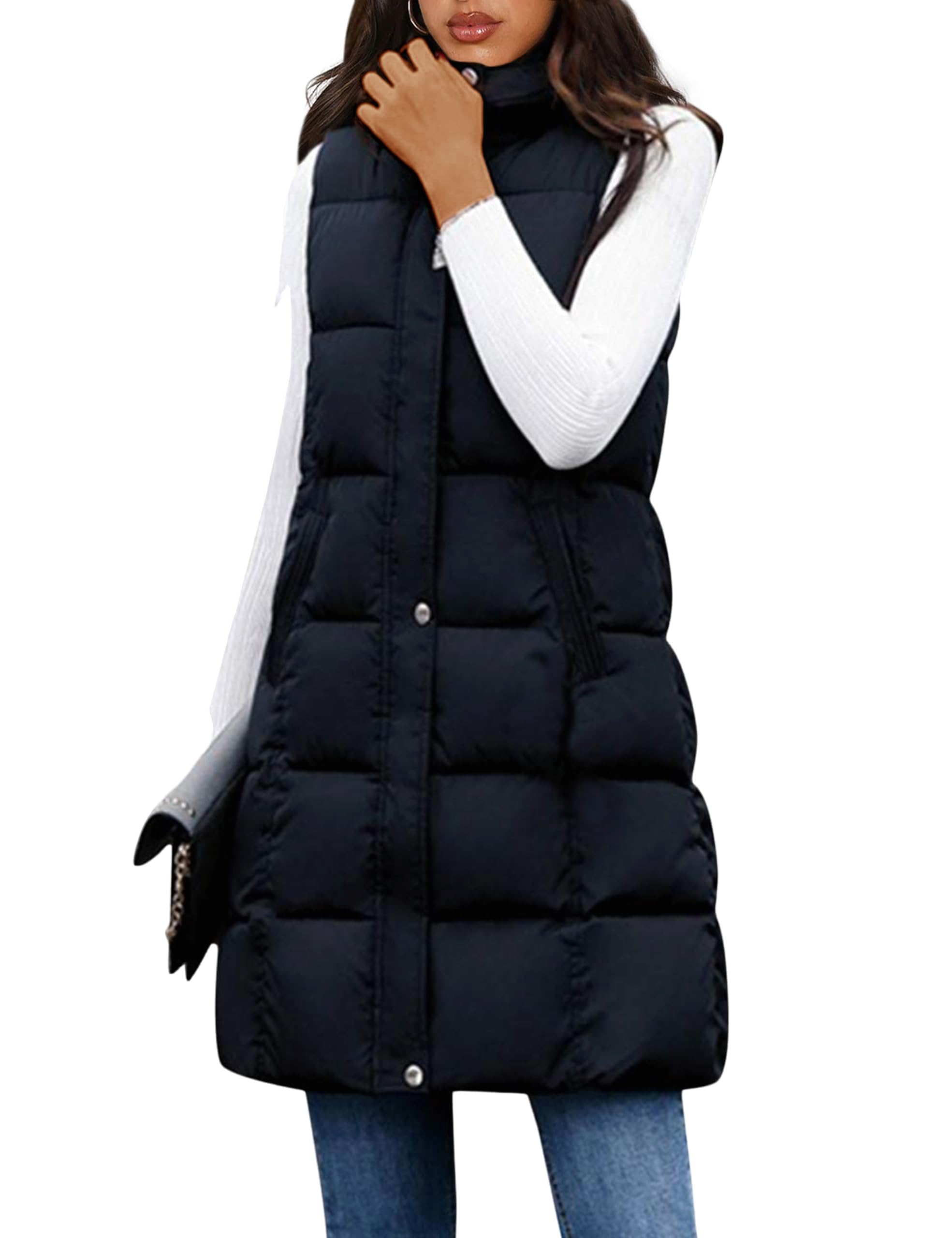 Women's Long Puffer Vest Casual Sleeveless Puffer Jacket with Removable Hood Sets