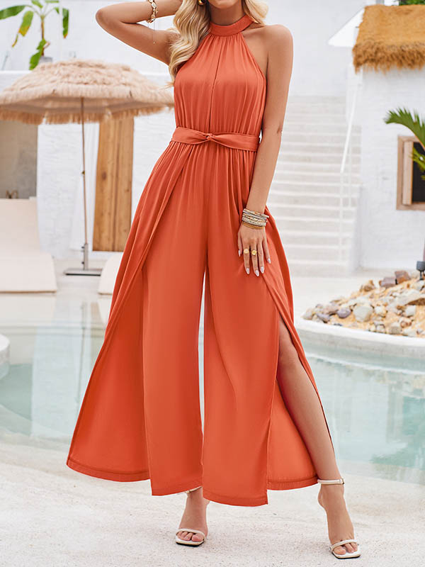 Pleated Solid Color Split-Front Tied Waist High Waisted Loose Halter-Neck Jumpsuits