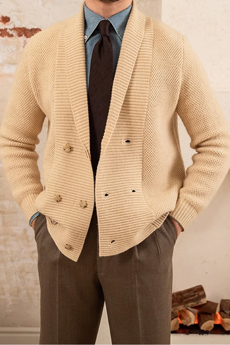 Men's Beige Double-Breasted Shawl Collar Cardigan