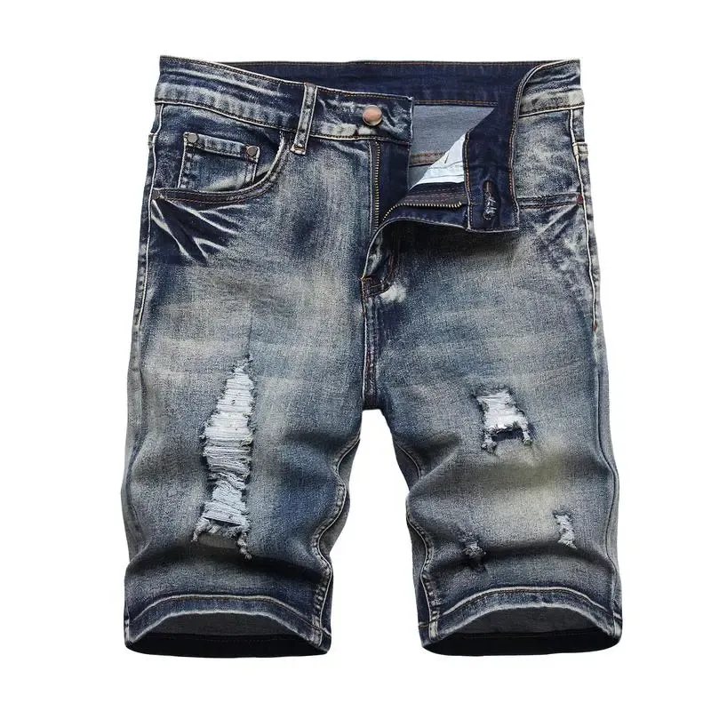 Men's Ripped Denim Shorts, Stretch, Distressed Street Style
