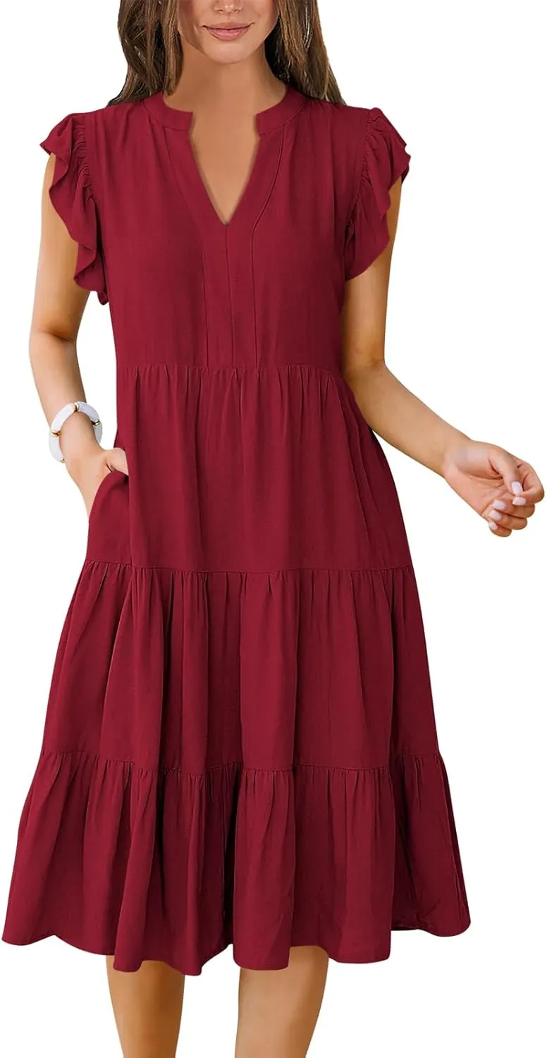 Women's Ruffle Sleeve V-Neck Tiered Midi Dress