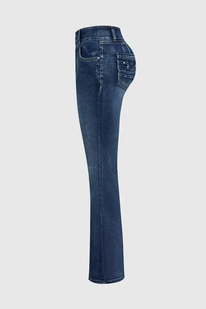 🔥Final Day Clearance!🛒Wash Rhinestone Decor High Rise Button Up Bootcut Jeans-⏰7-Packs Only $25.98