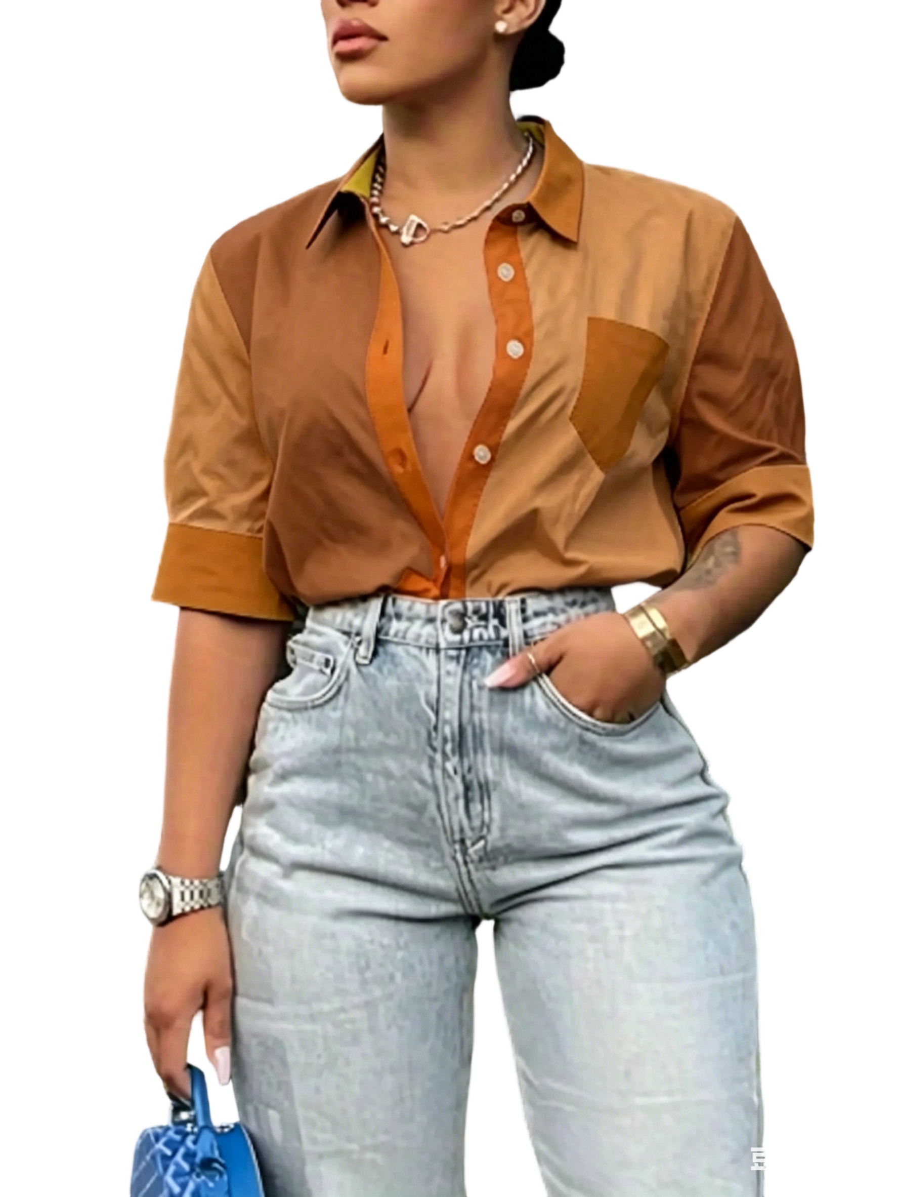 Women's Colorblock Pocket Button Front Shirt, Blouse, Summer Clothes for Women